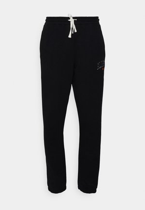 Pantalones deportivos negros con cinturilla elástica y cordón. Presenta un logotipo bordado en el lado derecho. Tela suave con piernas ajustadas.