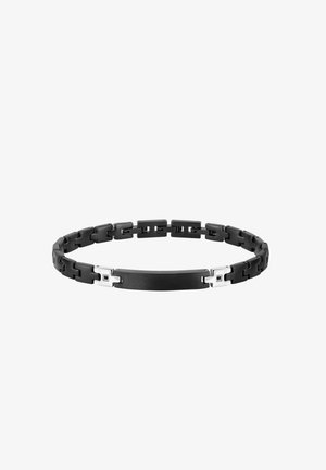 Bracciale nero con link intrecciati, caratterizzato da un pannello centrale nero e accenti in argento. Texture liscia con un design moderno.