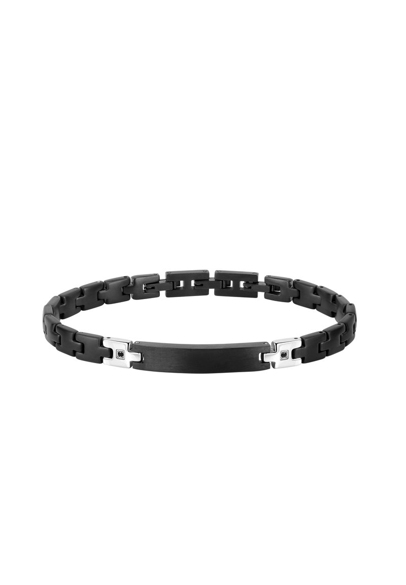 Bracciale nero con link intrecciati, caratterizzato da un pannello centrale nero e accenti in argento. Texture liscia con un design moderno.