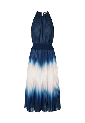 Mørkeblå ærmeløs halterneck-kjole med rynket talje og plisseret nederdel med hvid og lyserød gradient-detalje.