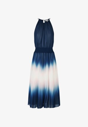 Mørkeblå ærmeløs halterneck-kjole med rynket talje og plisseret nederdel med hvid og lyserød gradient-detalje.