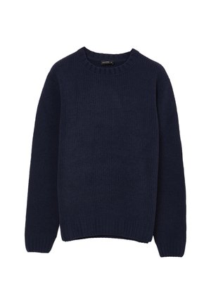 Maglione a righe navy realizzato in tessuto a maglia, con scollatura rotonda e maniche lunghe, dal taglio morbido e con polsini e orlo a costine.