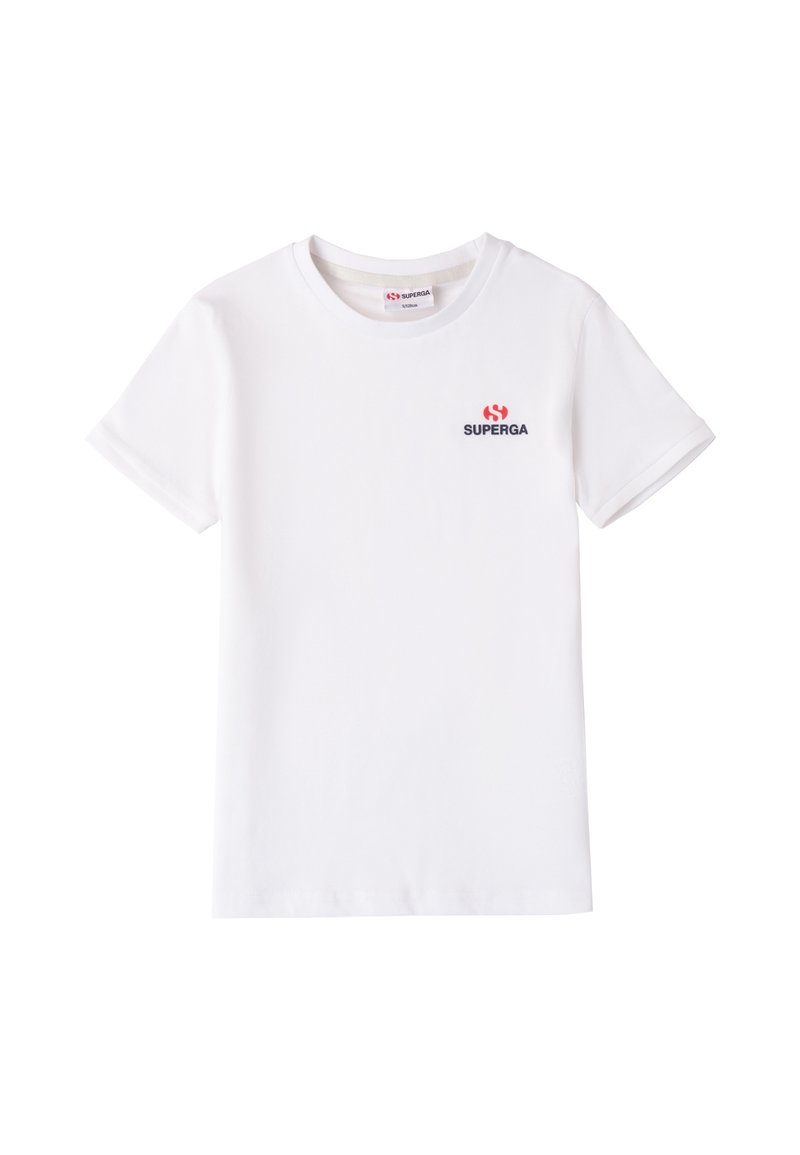 Camiseta de algodón blanca con mangas cortas, cuello redondo y un pequeño logotipo "SUPERGA" en negro y rojo en el lado izquierdo del pecho. Textura suave.