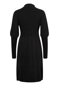 Robe noire à manches longues, longueur genou, avec des poignets côtelés ajustés, des manches supérieures bouffantes et un col montant, vue de dos.