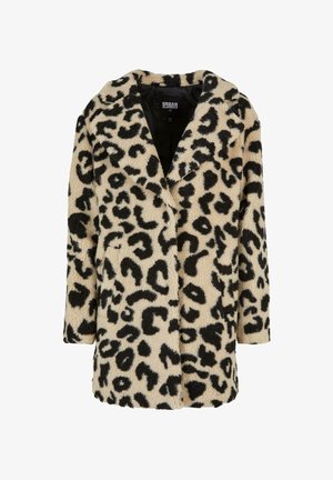 Leopard print coat in tan and black, made of plush fabric. It features a collar, double-breasted design, and two front pockets.