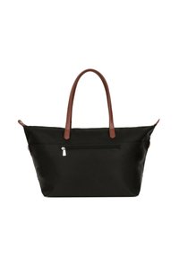 Czarna torba na ramię wykonana z nylonu, z brązowymi skórzanymi uchwytami. Posiada zamykaną na zamek boczną kieszeń oraz elegancki, minimalistyczny design.