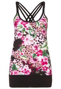 Canottiera floreale con una stampa tropicale colorata nei toni del rosa e del verde. Presenta un bordo inferiore nero e spalline incrociate sul retro.