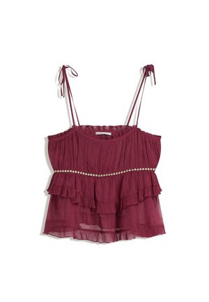Top bordeaux cu bretele spaghetti, cu straturi volan și un accent din perle pe talie. Fabricat dintr-un material ușor, texturat.