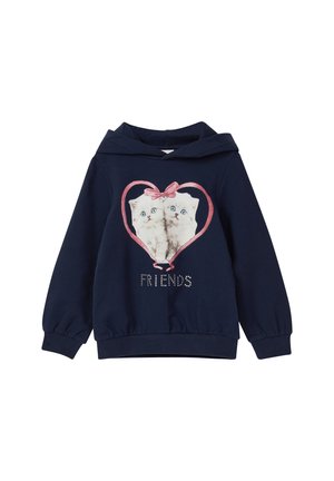 Felpa blu navy con una grafica frontale di due gattini in un cuore, il testo "AMICI" decorato con strass, e un cappuccio con cordino.