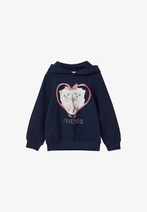 Haut à capuche bleu marine avec un graphique avant de deux chatons dans un cœur, le texte "AMIS" orné de strass, et une capuche à cordon.