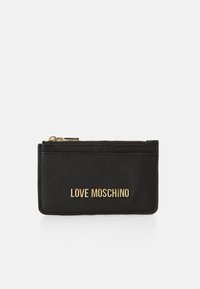 Black leather wallet featuring a textured finish, a zip closure, and a gold embossed "LOVE MOSCHINO" logo on the front.