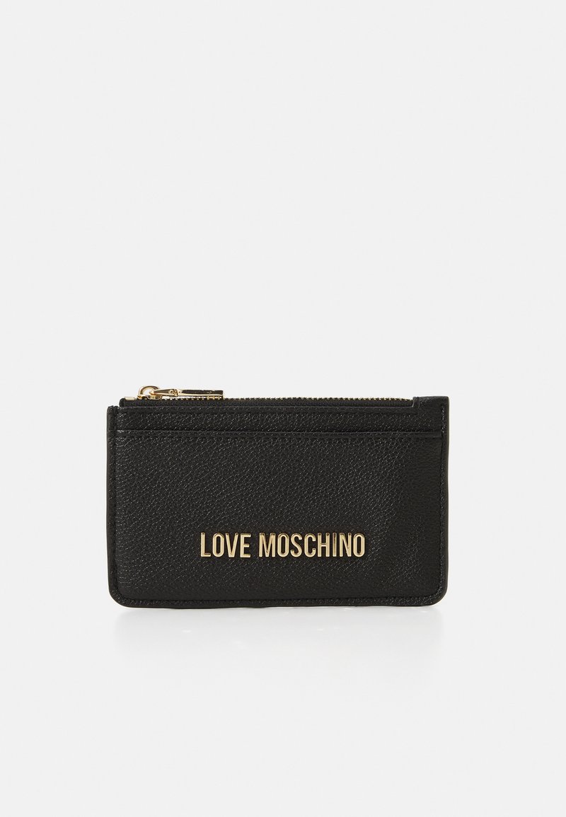 Black leather wallet featuring a textured finish, a zip closure, and a gold embossed "LOVE MOSCHINO" logo on the front.