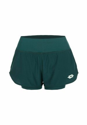 Pantaloncini sportivi verde scuro con ampia fascia in vita e fodera interna integrata, con un piccolo logo bianco sul lato inferiore destro.