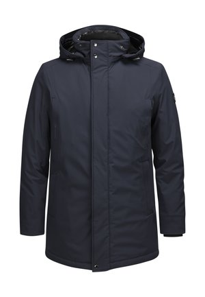 Marineblaue wasserdichte Jacke mit Kapuze, frontalem Reißverschluss, Druckknöpfen und Seitentaschen in einer eleganten, glatten Textur.