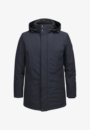 Navy blue waterproof jacket featuring a hood, front zipper, snap buttons, and side pockets with a sleek, smooth texture.