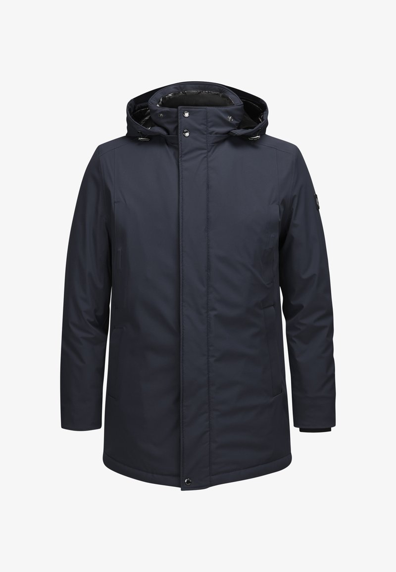 Marineblaue wasserdichte Jacke mit Kapuze, frontalem Reißverschluss, Druckknöpfen und Seitentaschen in einer eleganten, glatten Textur.