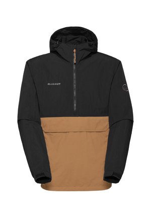 Zwart en bruin half-zip jack met capuchon, voorzien van verstelbare koordjes, elastische manchetten en een logo op de borst en mouw.
