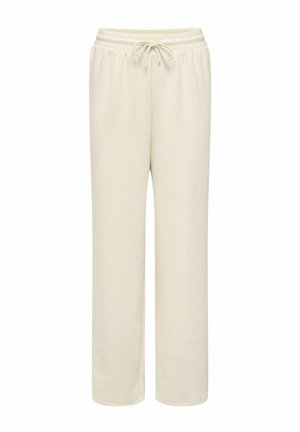 Svijetlosive sweatpantalone opuštenog kroja s elastičnim pojasom i prednjim vezanjem, ravnim nogavicama te bez vidljivih džepova ili uzoraka.