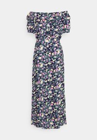 Kwiatowa sukienka midi z dekoltem typu off-the-shoulder i marszczonym wykończeniem, z granatowym tłem, jaskrawymi różowymi i żółtymi kwiatami oraz swobodnym krojem.