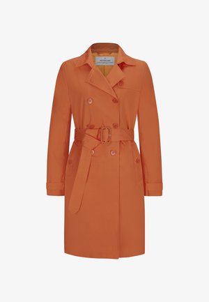 Oranger doppelt bemantelter Trenchcoat mit tailliertem Gürtel, detaillierten Knöpfen und klassischem Kragen. Glattes Material mit edlem Finish.