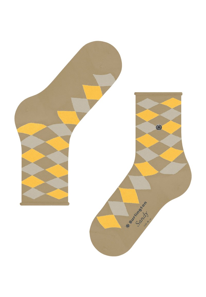 Beige Socken mit einem Argyle-Muster in Hellgrau und Gelb. Das Material hat eine glatte Textur, mit einem gerippten Bündchen und einem Logodetail.
