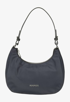 Marineblaue Nylon-Schultertasche mit silbernem Reißverschluss und geschwungener Form, ausgestattet mit einem kurzen Tragegurt und einem Logodetail auf der unteren Vorderseite.