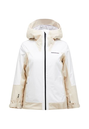 Witte en beige waterdichte jas met een capuchon, voorzien van een ritssluiting, verstelbare manchetten en een discreet logo op de borst.