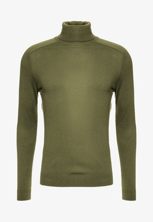 Pull à col roulé manches longues vert olive avec col, poignets et ourlet côtelés, présenté sur un fond blanc.