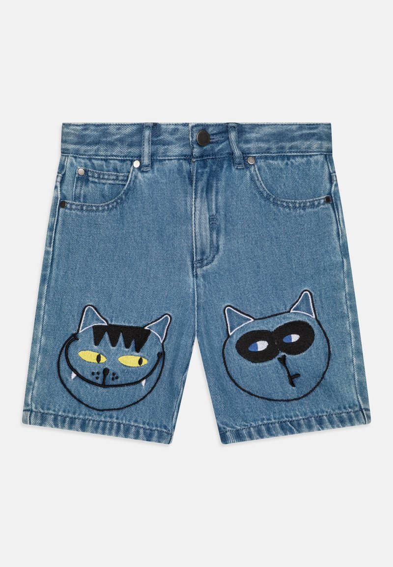 Denim shorts with blue fabric featuring playful cat face embroidery in yellow and black, with traditional pocket design and button closure.