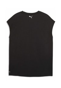 T-shirt noir à manches courtes avec col rond, arborant un logo Puma blanc au dos et une coupe décontractée et ample. Apparence de tissu lisse.