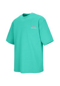 Turkoois katoenen T-shirt met ronde hals, korte mouwen en een roze "zomerbries" grafiek op de linkerborst.