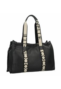 Sac à main en cuir noir avec des sangles en tissu double, présentant un motif de logo contrasté. Forme rectangulaire avec une surface texturée et poches latérales optionnelles.