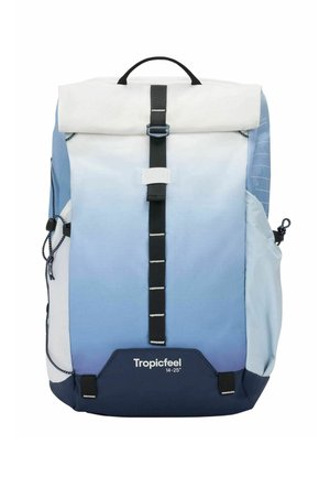 Blue gradient backpack with white top roll, central buckle strap, side pockets, and logo. Made of durable fabric, features a textured finish.