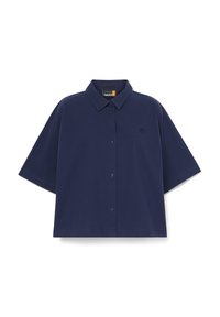 Camicia blu navy a maniche corte con vestibilità rilassata, dotata di colletto, chiusura frontale con bottoni e sottile logo ricamato sul petto.