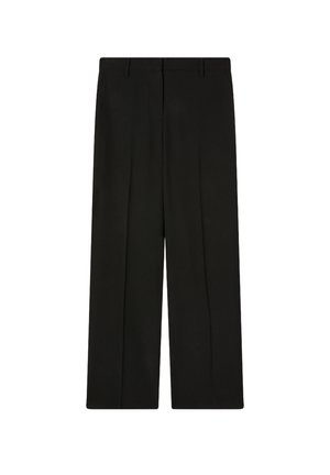 Pantaloni neri a gamba larga con texture liscia, caratterizzati da pieghe delicate e un punto vita classico. Senza hardware o motivi visibili.