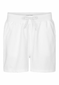 Białe bawełniane szorty z elastycznym pasem, sznurkiem do ściągania i bocznymi kieszeniami. Gładka faktura, prosty, bezwzorzysty design.