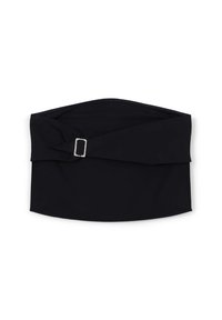 Top bandeau nero realizzato in tessuto morbido, con texture twistata e una distintiva fibbia rettangolare in argento. Design liscio e aderente.