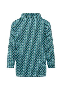 Langärmeliges Hemd mit Stehkragen und einem geometrischen Muster aus blauen, grünen und schwarzen Dreiecken.