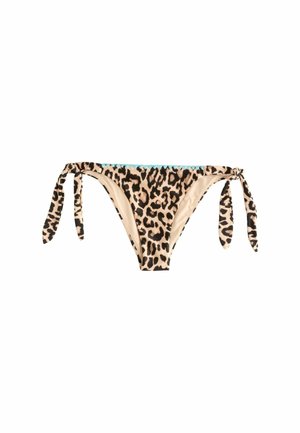 Leopard print bikini bottom with side tie closures and a light blue stitch detail along the top edge, on a white background.
