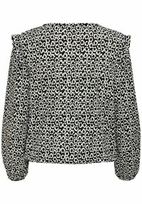 Schwarze Bluse mit weißem Blumenmuster, mit rundem Ausschnitt und Rüschen an den Schultern. Lange Ärmel und strukturierter Stoff.