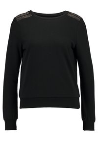 Sweat-shirt noir en tissu doux, doté de manches longues, d'un col rond et d'accents texturés sur les épaules. Design classique ajusté.