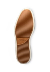 Sola in gomma marrone con scanalature orizzontali e verticali, bordatura color crema e logo in rilievo "ALLEN EDMONDS".