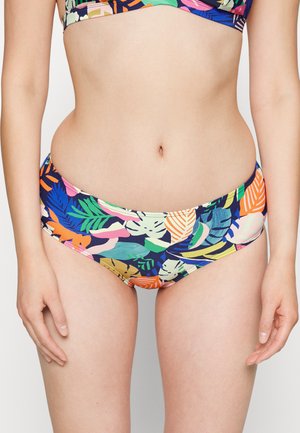 Calçinhas de biquíni multicoloridas com um padrão de folhas tropicais; o tecido é suave e elástico; apresenta um design de cintura para conforto.