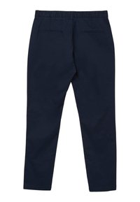 Pantaloni blu navy con vita elasticizzata, gambe affusolate e due tasche posteriori. Tessuto morbido con un design classico e senza motivi visibili.