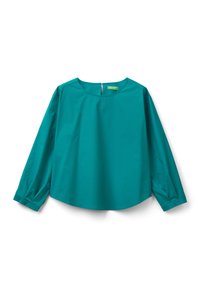 Blusa lunga teal a maniche lunghe realizzata in tessuto liscio. Presenta un colletto rotondo e maniche affusolate con arricciature ai polsini. Design semplice, senza motivi.