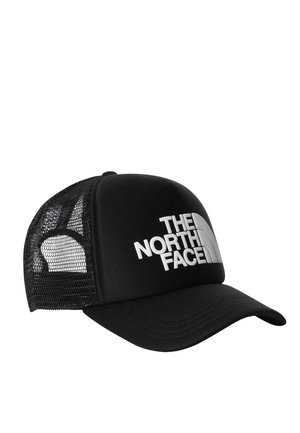 Casquette trucker noire en mesh avec une visière incurvée et le logo blanc "THE NORTH FACE" sur le panneau avant.