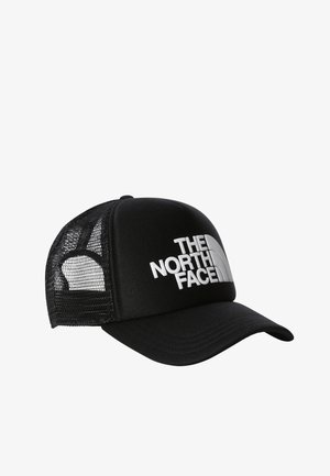 Fekete hálós trucker sapka ívelt karimával, elején fehér "THE NORTH FACE" logóval.