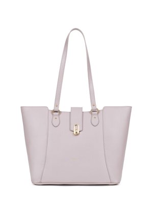Borsa tote viola chiaro realizzata in pelle testurizzata, con due manici lunghi, accessori in oro e un dettaglio centrale con chiusura.