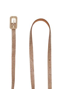 Cintura in oro rosa con strass, dotata di una fibbia rettangolare lucida e retro in pelle liscia, caratterizzata da un design sottile e piatto con una superficie lucida.