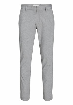 Grijze katoenen broek van een katoenmix met een gladde textuur, tapered leg ontwerp, riemlussen en een platte voorkant. Geschikt voor casual draag.